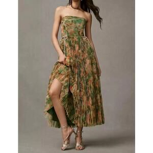 NEW Hutch Costella Strapless Pleated Floral Tulle Midi Dress in Sage Jungle Sz 2
